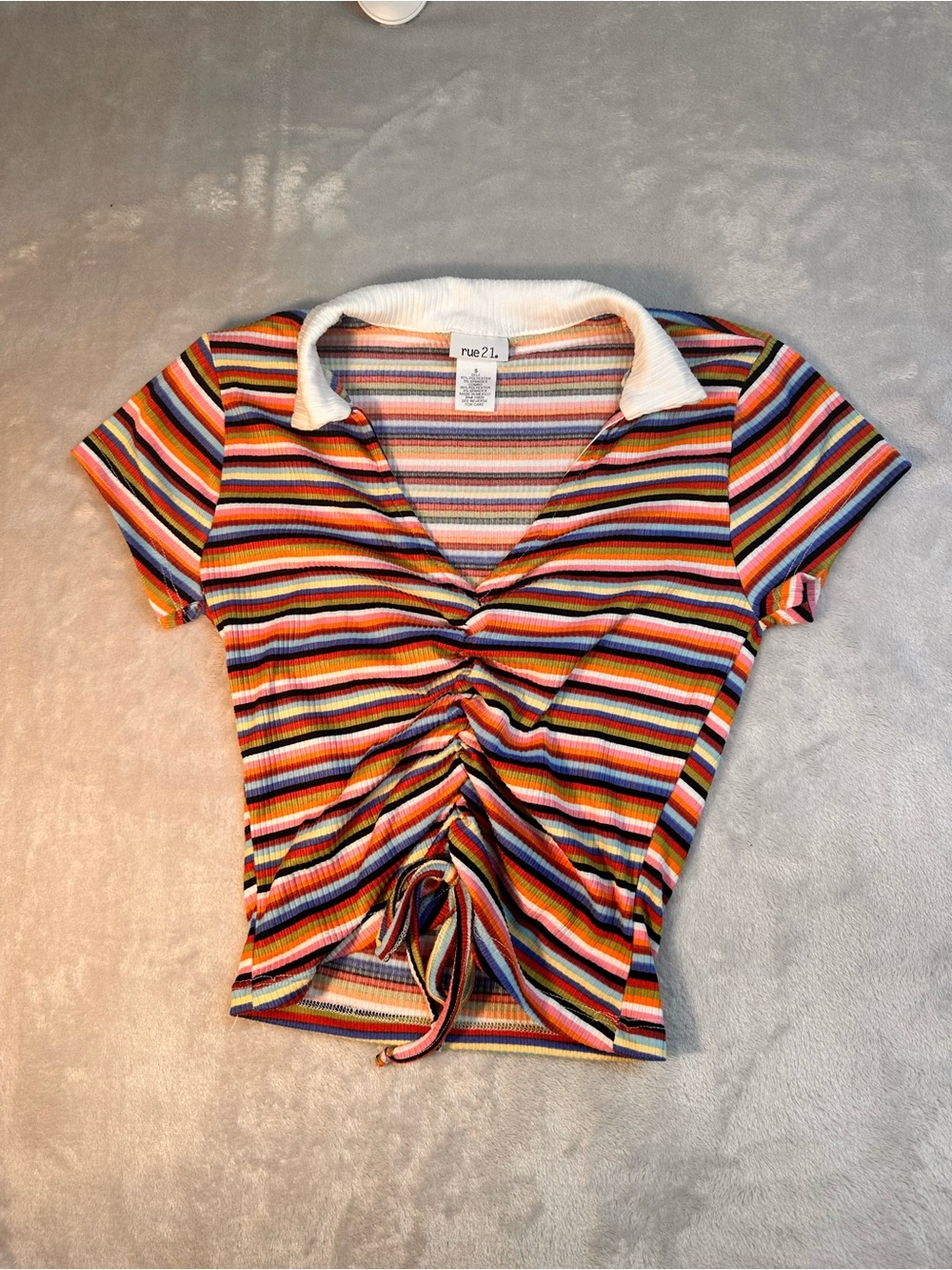Rue 21 Rainbow Stripe Ruched Front Collared Top Size Small Y2K